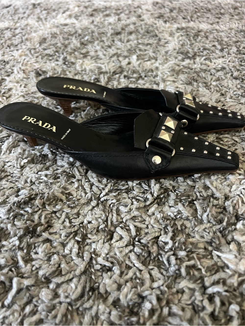 Prada Black Leather Studded Pointed Toe Mules
